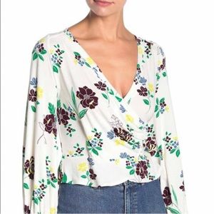 Free People Saturday Night White Floral Print Long Sleeve Wrap Top
